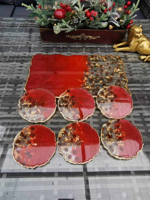 Red tray and coaster set
